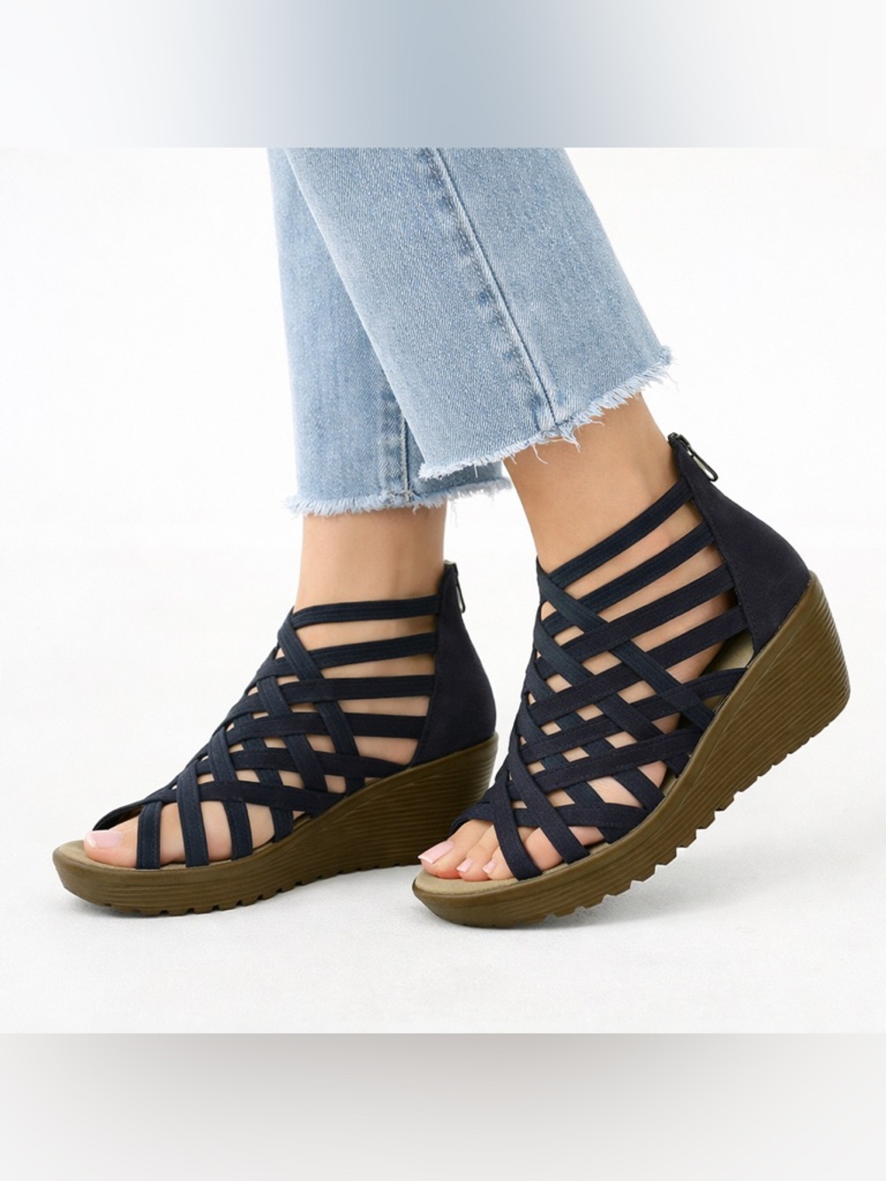 Strappy Wedge Sandals in Black - Women's Summer Shoes